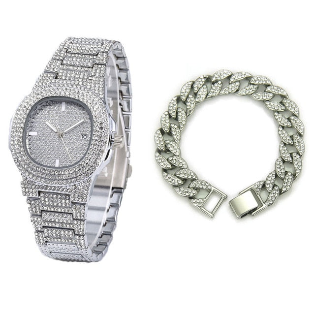 Necklace+Watch+Bracelet Hip Hop Miami Curb Cuban Chain Gold Color Iced Out Paved Rhinestones CZ Bling Rapper Jewelry For Men