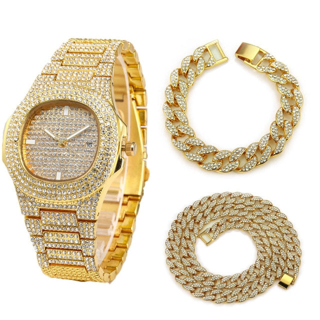 Necklace+Watch+Bracelet Hip Hop Miami Curb Cuban Chain Gold Color Iced Out Paved Rhinestones CZ Bling Rapper Jewelry For Men