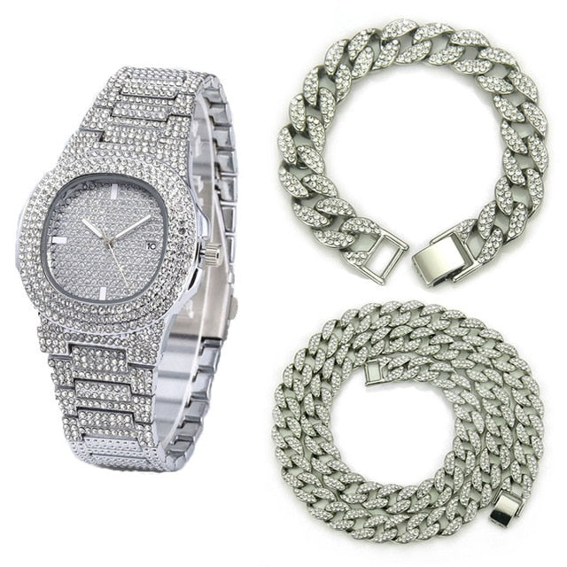 Necklace+Watch+Bracelet Hip Hop Miami Curb Cuban Chain Gold Color Iced Out Paved Rhinestones CZ Bling Rapper Jewelry For Men