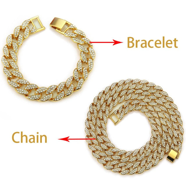 Necklace+Watch+Bracelet Hip Hop Miami Curb Cuban Chain Gold Color Iced Out Paved Rhinestones CZ Bling Rapper Jewelry For Men
