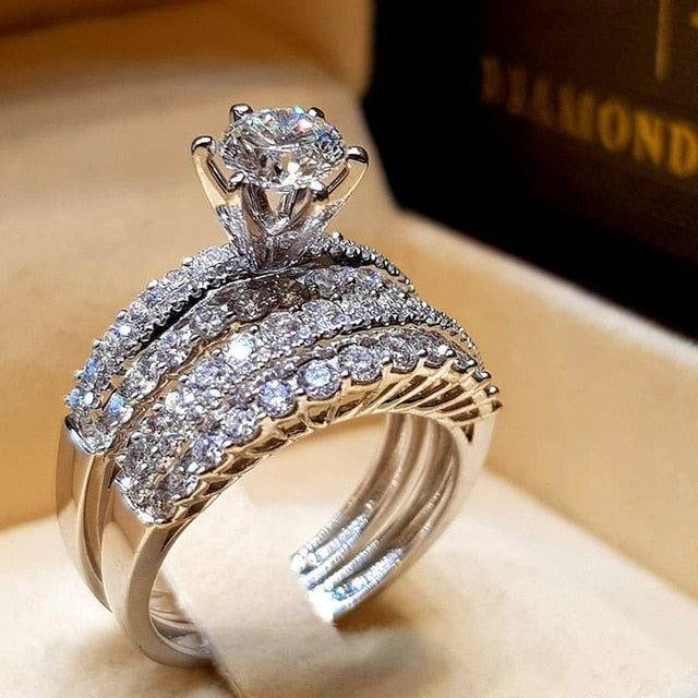 2Pcs Bridal Set Elegant rings for Women Sliver Color Wedding Engagement fashion Jewelry With Full Shiny Cubiz Zircon female ring