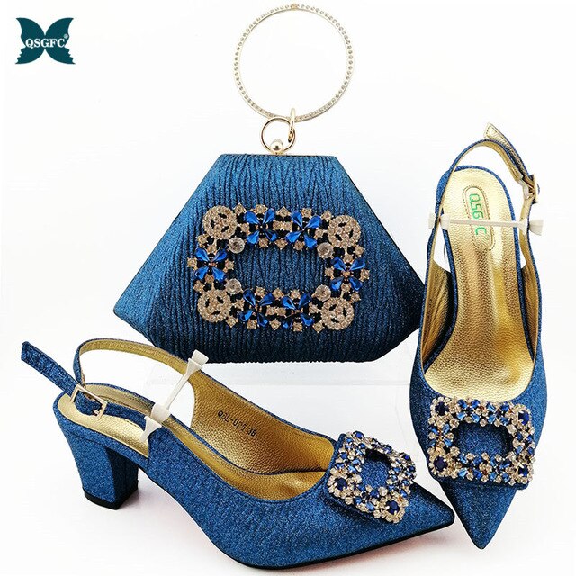 2020 New Arrival Gold Color Italian design Shoes with Matching Bags Set Decorated with Rhinestone Nigerian Women Wedding Shoes