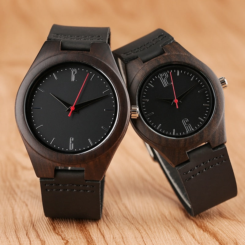 Lovers Gifts Luxury Royal Ebony Wood Watch Mens Fashion Wooden Women Dress Clocks Male Genuine Leather Valentine's Day Relojes
