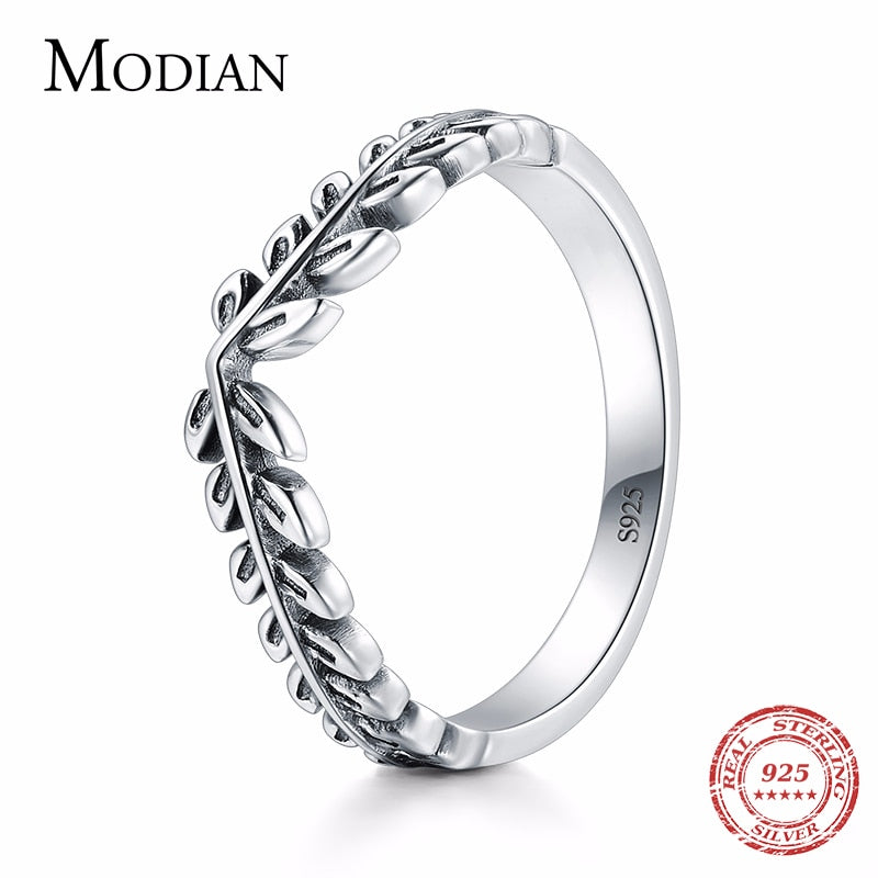 Modian 100% Genuine 925 Sterling Silver Classic Stackable Vintage Lucky Tree Leaf Finger Ring For Women Anniversary Jewelry Gift