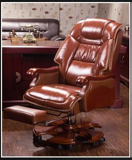 Leather boss chair can lie down office chair family cowhide big class chair massage solid wood swivel chair computer chair.