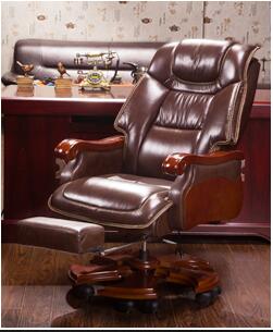 Leather boss chair can lie down office chair family cowhide big class chair massage solid wood swivel chair computer chair.