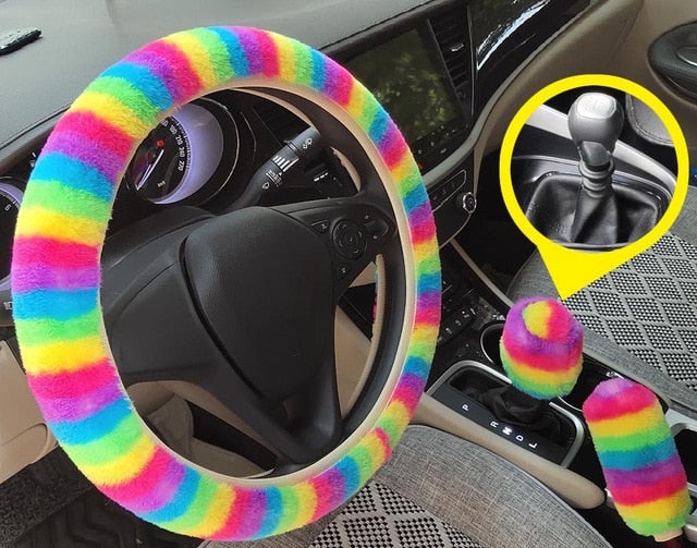 New 3pcs/set Winter Faux Wool Car Steering Wheel Cover for women Car seat Cover Fuzzy Car Interior Accessories Car styling
