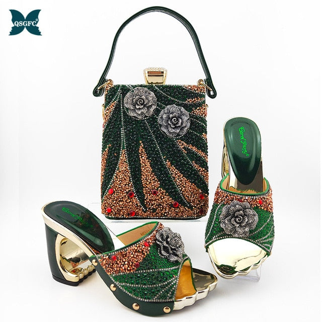Black Color Latest Shoes and Bags Set Italian matching Sets 2020 Nigerian Shoes and Matching Bags Women Rhinestone Wedding Shoes