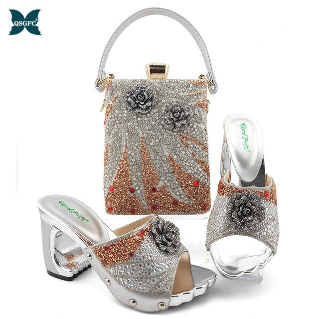 Black Color Latest Shoes and Bags Set Italian matching Sets 2020 Nigerian Shoes and Matching Bags Women Rhinestone Wedding Shoes