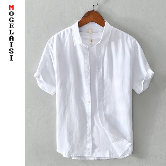New white shirt men summer short sleeve breathable linen cotton tops solid high quality man clothing Camisa masculina 566