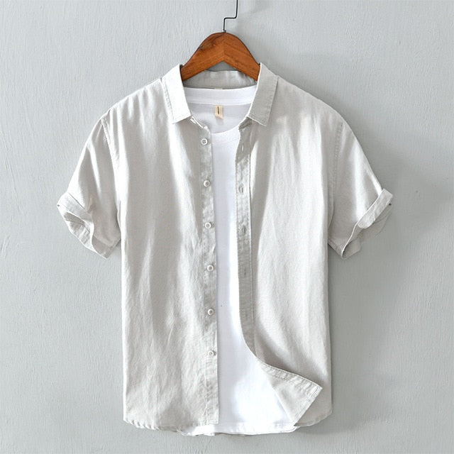 New white shirt men summer short sleeve breathable linen cotton tops solid high quality man clothing Camisa masculina 566