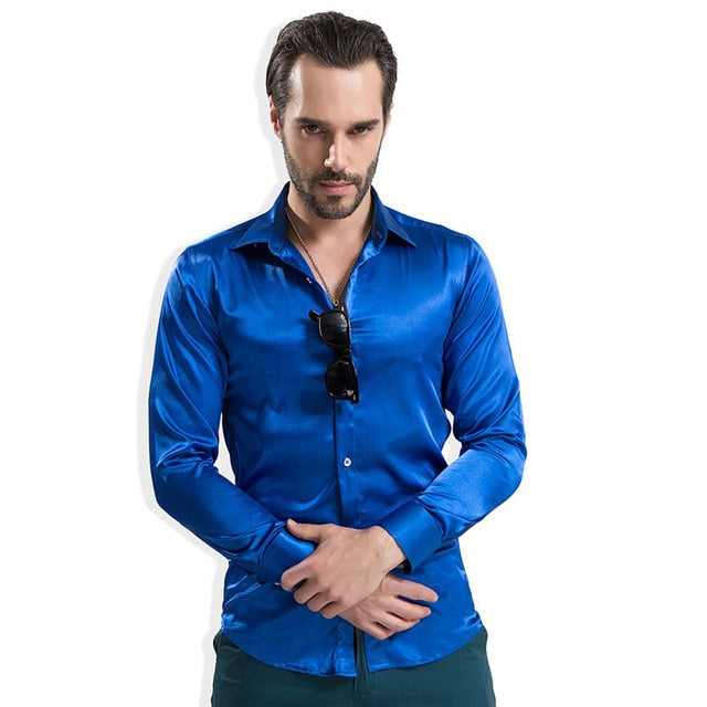 Fashion Shiny Silky Satin Dress Shirt Luxury Silk Like Long Sleeve Mens Casual Shirts Performance Stage Wear Clothing
