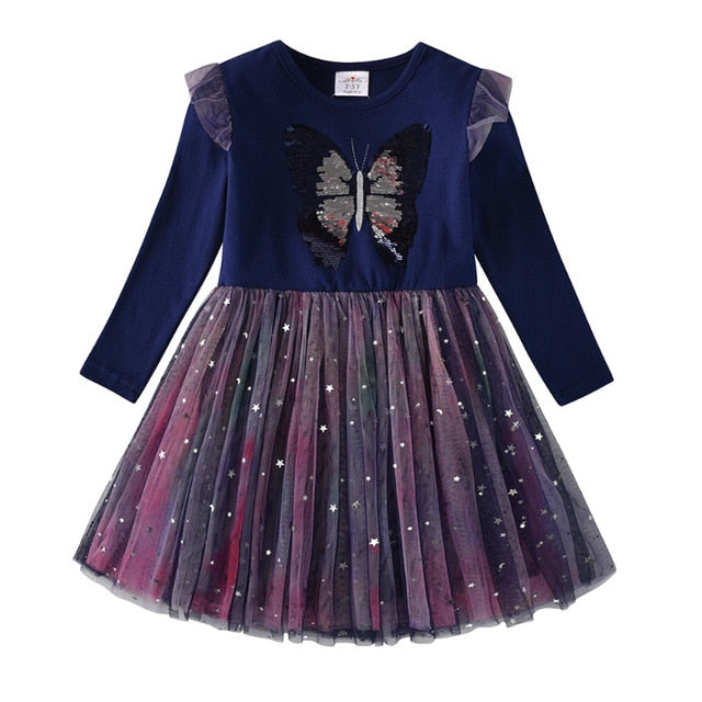 VIKITA Autumn Girls Dress Butterfly Sequins Kids Long Sleeve Dresses Baby Girls Princess Dress Party Clothes Birthday Dresses