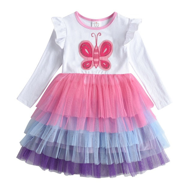VIKITA Autumn Girls Dress Butterfly Sequins Kids Long Sleeve Dresses Baby Girls Princess Dress Party Clothes Birthday Dresses