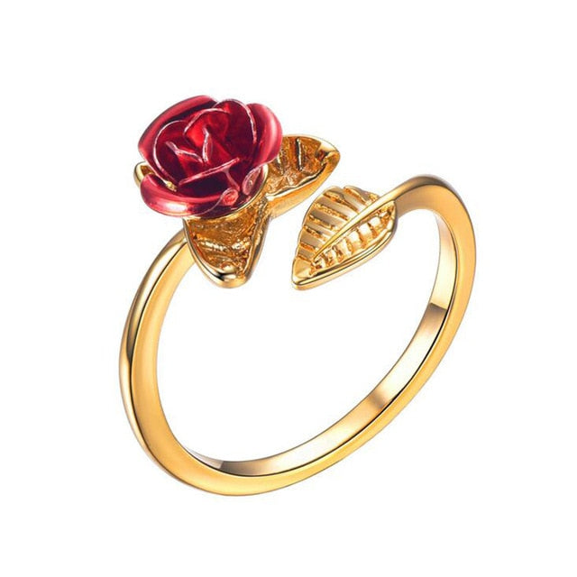 Women Ring Red Rose Garden Flower Leaves Open Ring Resizable Finger Rings For Women Valentine's Day Gift Jewelry