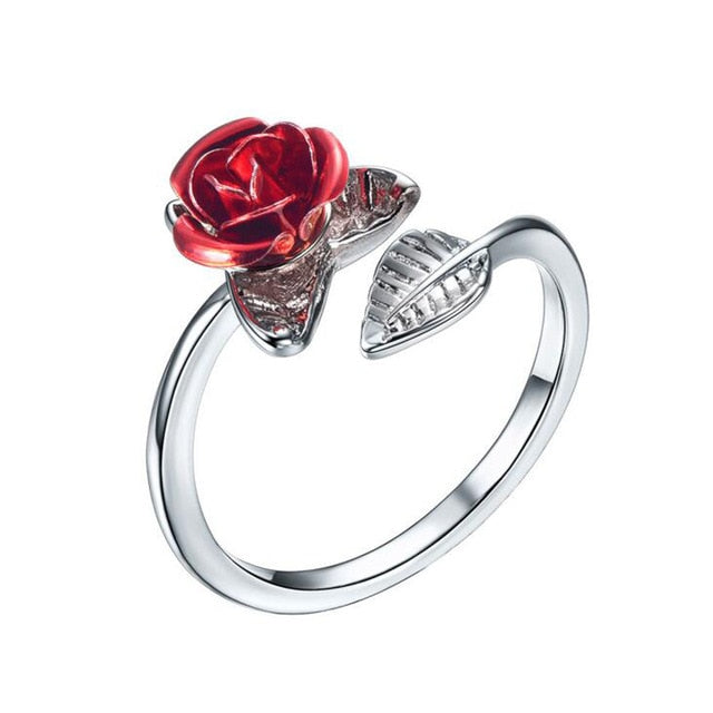 Women Ring Red Rose Garden Flower Leaves Open Ring Resizable Finger Rings For Women Valentine's Day Gift Jewelry