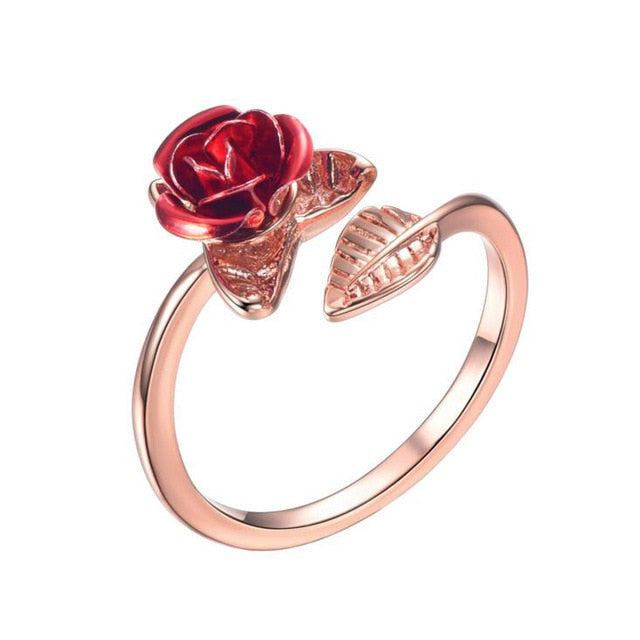 Women Ring Red Rose Garden Flower Leaves Open Ring Resizable Finger Rings For Women Valentine's Day Gift Jewelry