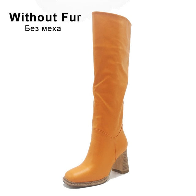 Taoffen Size 34-43 2021 INS Women Knee High Heel Boots Lady Riding Botas Warm Winter Shoes Women Sexy Square Toe Casual Footwear
