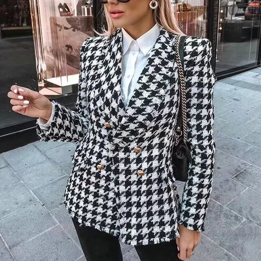 Women tweed jackets 2020 fashion office ladies black tassel Houndstooth coats female autumn vintage thick plaid coat girls chic