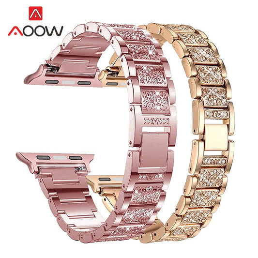 Stainless Steel Strap for Apple Watch 4 5 38mm 42mm 40mm 44mm Rose Pink Diamond Jewelry Women Metal Bracelet Band for iwatch 123