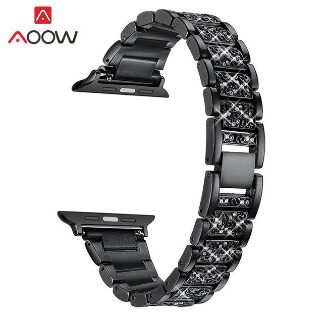 Stainless Steel Strap for Apple Watch 4 5 38mm 42mm 40mm 44mm Rose Pink Diamond Jewelry Women Metal Bracelet Band for iwatch 123