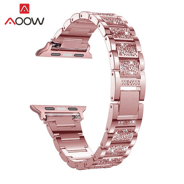 Stainless Steel Strap for Apple Watch 4 5 38mm 42mm 40mm 44mm Rose Pink Diamond Jewelry Women Metal Bracelet Band for iwatch 123