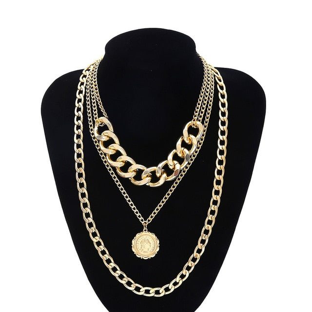 Ingemark Punk Miami Cuban Choker Necklace Colar Hip Hop Big Thick Chunky Chain Fashion Queen Coin Pendant Necklace Women Jewelry