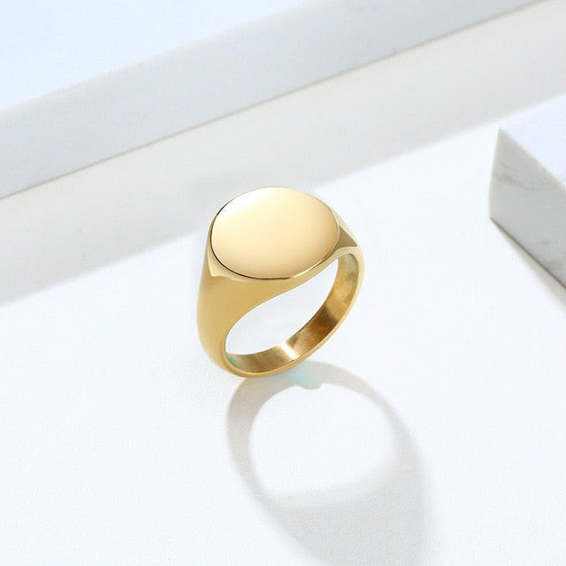 Vnox Chic Customize 14mm Signet Ring for Women Glossy Stainless Steel Round Top Stamp Band Minimalist Cool Personalized Jewelry