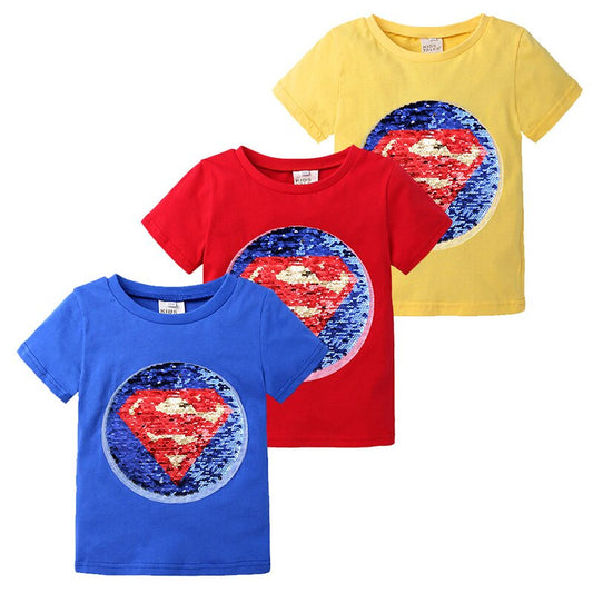 Variable Sequins Graphic T Shirts Cartoon Kids Boys Clothing T-Shirt Cotton Short Sleeve Children Girls Tops Kids Clothes