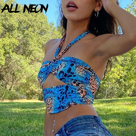 ALLNeon Y2K Fashion Camouflage Hollow Out Bandage Cropped Tops Punk Style Halter Backless Tank Tops Vintage Rave E-girl Outfits