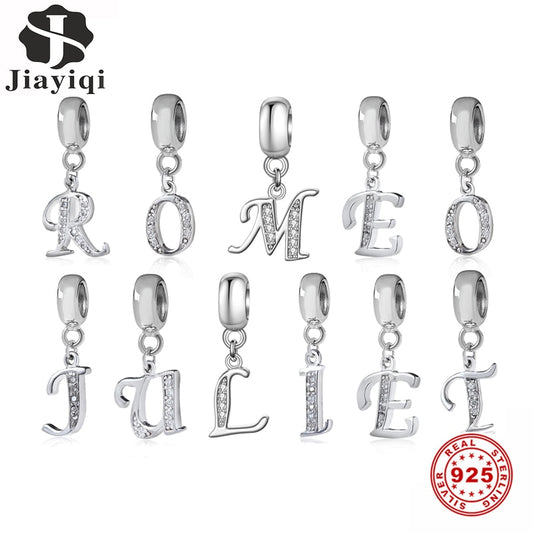 Jiayiqi A To Z Letter Charms 925 Sterling Silver CZ Beads Fit Women Charms Silver 925 Original DIY Jewelry Gift Making