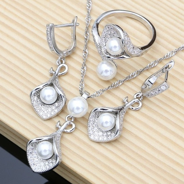 horn Flower Silver 925 Bridal Jewelry Sets Black Pearl Zircon For Women Wedding Pendant Drop Earrings Open Rings Necklace Set