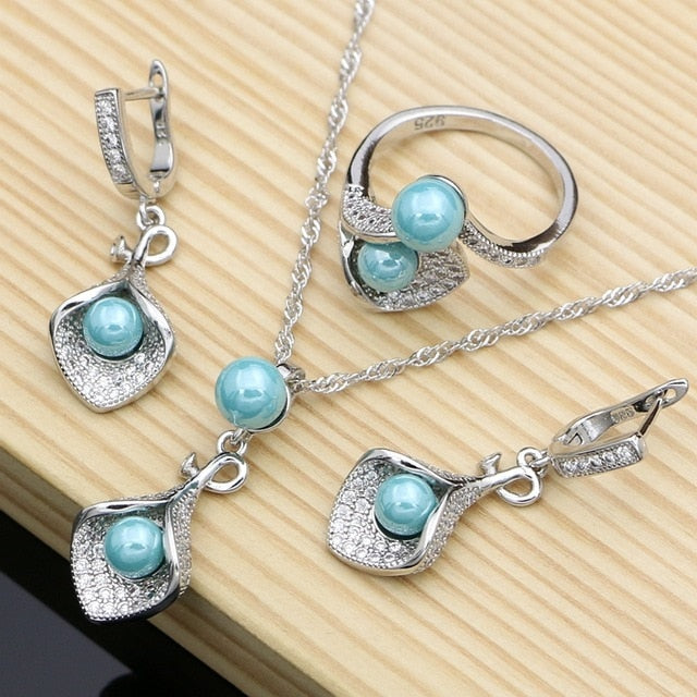 horn Flower Silver 925 Bridal Jewelry Sets Black Pearl Zircon For Women Wedding Pendant Drop Earrings Open Rings Necklace Set