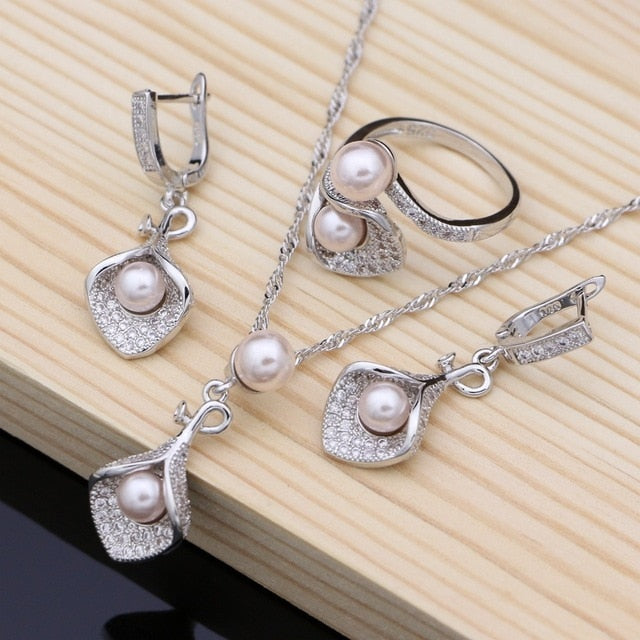 horn Flower Silver 925 Bridal Jewelry Sets Black Pearl Zircon For Women Wedding Pendant Drop Earrings Open Rings Necklace Set