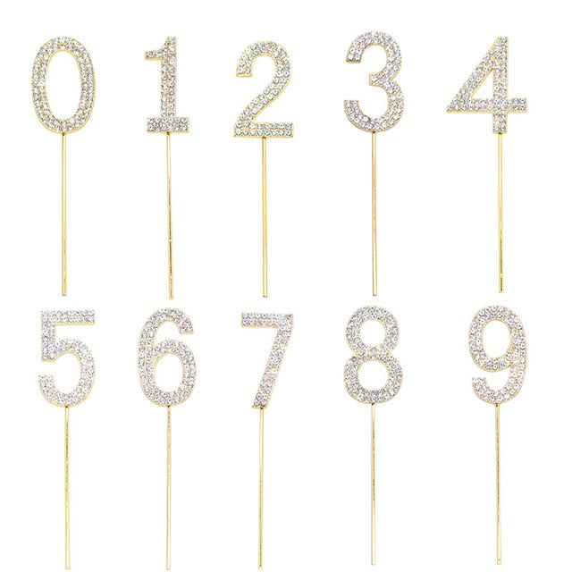 1Pc Glitter Alloy Rhinestone Number Cake Toppers Baby Shower Birthday Decoration Wedding Gold Silver Digital Cakes Dessert Decor