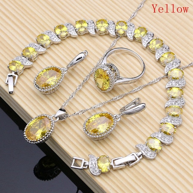 Silver 925 Bridal Jewelry Champagne Zircon Jewelry Sets For Women Earrings/Pendant/Necklace/Rings/Bracelet