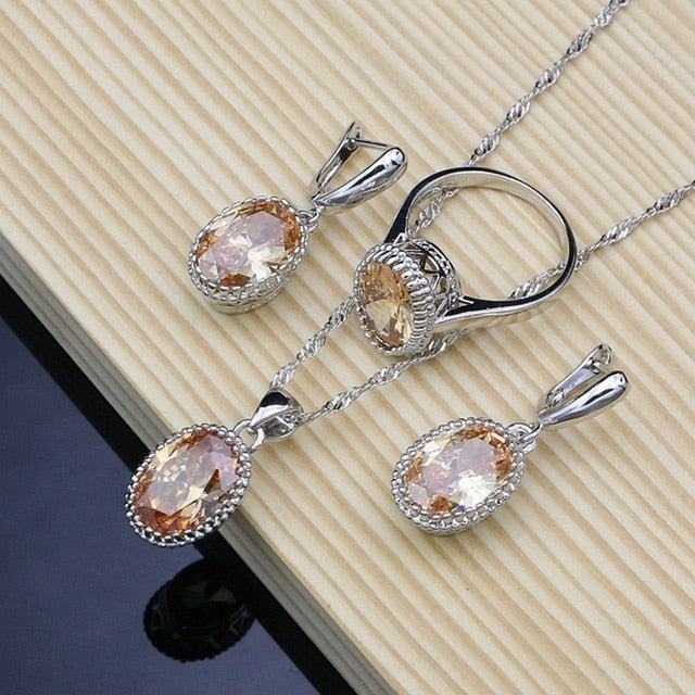 Silver 925 Bridal Jewelry Champagne Zircon Jewelry Sets For Women Earrings/Pendant/Necklace/Rings/Bracelet