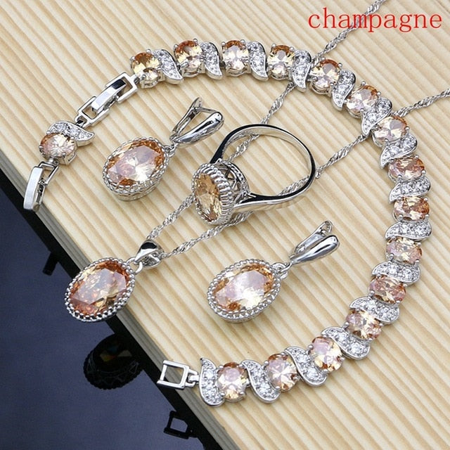 Silver 925 Bridal Jewelry Champagne Zircon Jewelry Sets For Women Earrings/Pendant/Necklace/Rings/Bracelet