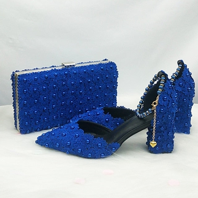 White Lace Flower wedding shoes with matching bags High heels Pointed Toe Ankle Strap Ladies Party shoe bag set Royal Blue Shoe