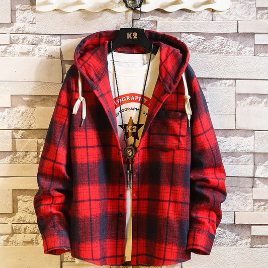 Casual Brand With Hooded Plaid Shirt Men'S Fleece Red Shirts Long Sleeves 2020 New Spring Autumn Plus OverSize M-6XL