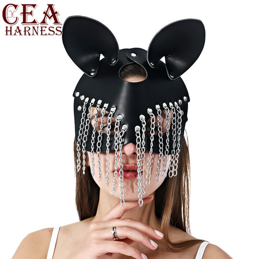 CEA Goth Leather Mask BDSM Cat Mask Leather Fetish Mature Women Rave Carnival Cat Woman Face Cosplay Cat Fun Erotic Chain Mask