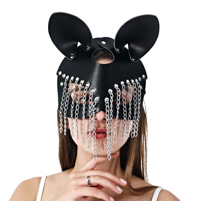 CEA Goth Leather Mask BDSM Cat Mask Leather Fetish Mature Women Rave Carnival Cat Woman Face Cosplay Cat Fun Erotic Chain Mask