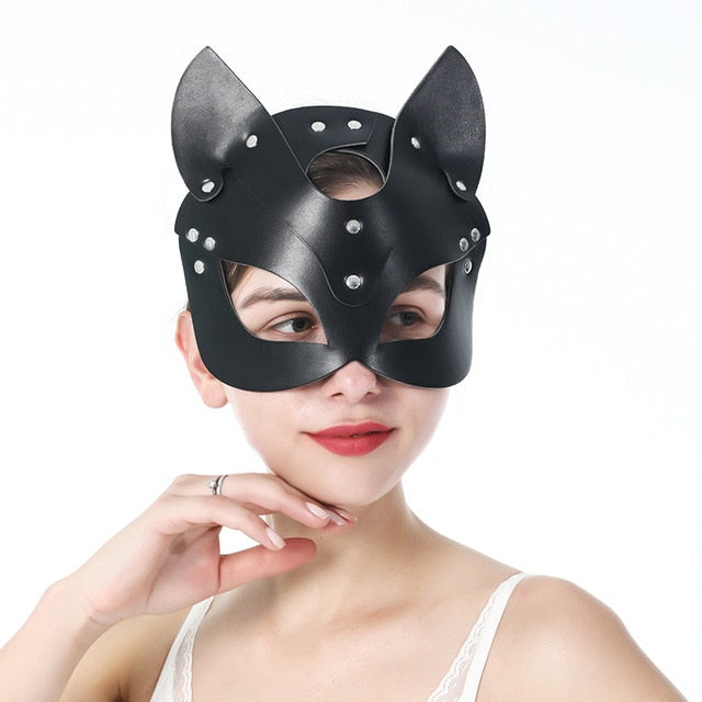 CEA Goth Leather Mask BDSM Cat Mask Leather Fetish Mature Women Rave Carnival Cat Woman Face Cosplay Cat Fun Erotic Chain Mask