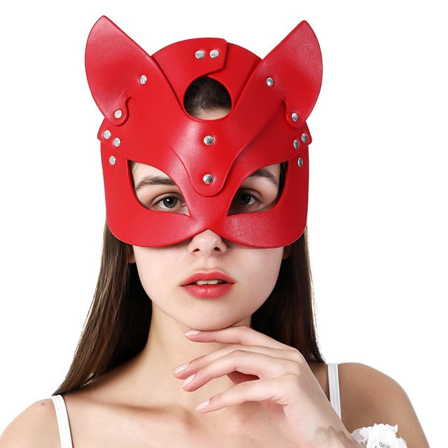 CEA Goth Leather Mask BDSM Cat Mask Leather Fetish Mature Women Rave Carnival Cat Woman Face Cosplay Cat Fun Erotic Chain Mask