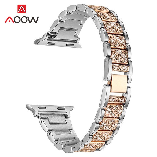 Stainless Steel Strap for Apple Watch 4 5 38mm 42mm 40mm 44mm Rose Pink Diamond Jewelry Women Metal Bracelet Band for iwatch 123