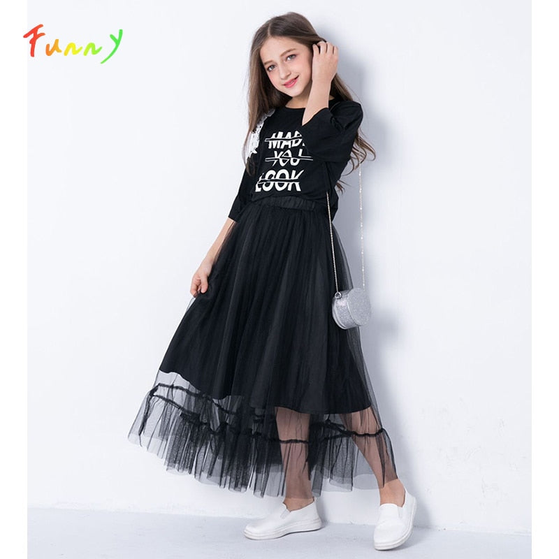 Teenage Girls Clothing Set Half Sleeve Black Off Shoulder Tops Mesh Skirt 2 Piece Set Summer Boutique Kids Clothes Girls Outfits