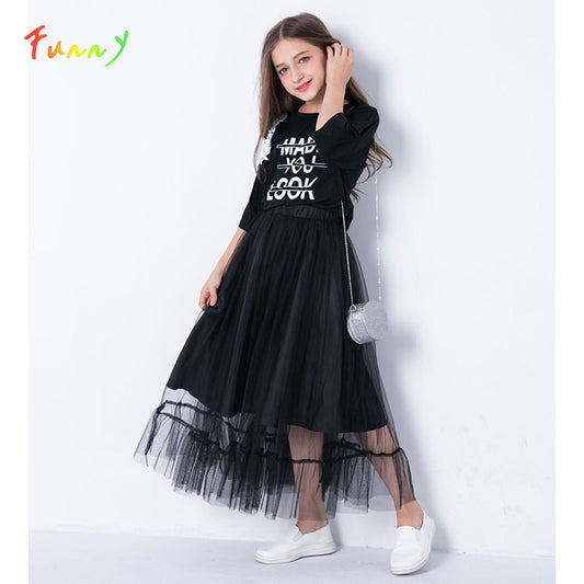 Teenage Girls Clothing Set Half Sleeve Black Off Shoulder Tops Mesh Skirt 2 Piece Set Summer Boutique Kids Clothes Girls Outfits