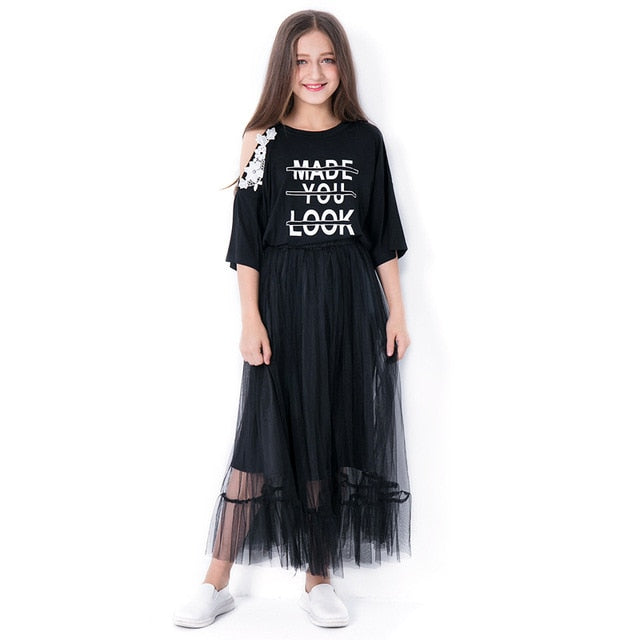 Teenage Girls Clothing Set Half Sleeve Black Off Shoulder Tops Mesh Skirt 2 Piece Set Summer Boutique Kids Clothes Girls Outfits