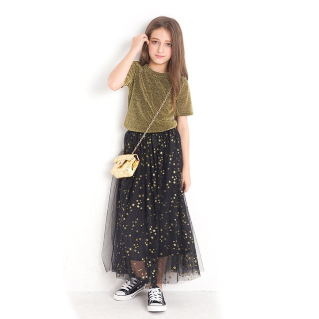 Teenage Girls Clothing Set Half Sleeve Black Off Shoulder Tops Mesh Skirt 2 Piece Set Summer Boutique Kids Clothes Girls Outfits