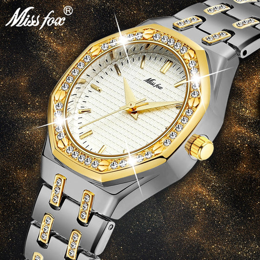 MISSFOX Fashion Watches Women's Expensive 18K Gold Ladies Wrist Watch Women Quartz Classic Analog Diamond Jewelry Hand Watch